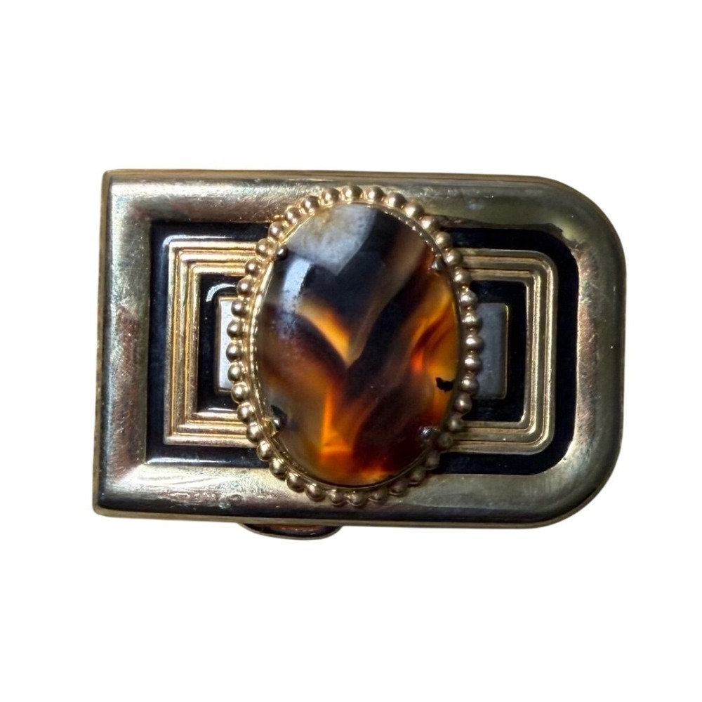 Vintage Mens Gold Tone Belt Buckle Faux Tiger Eye Art Deco Geometric Black Stone